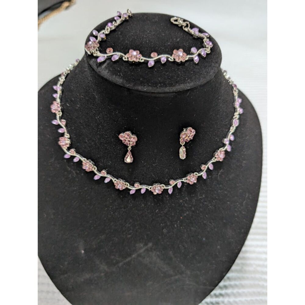 Rhinestone Purple Flower Leaf Jewelry Set
